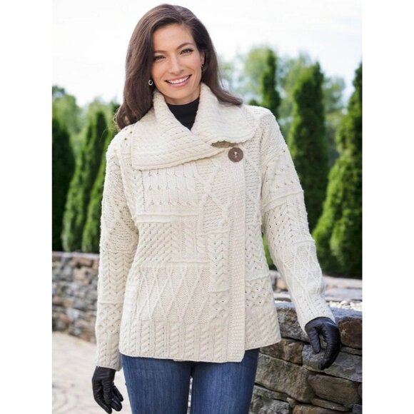 Carraigdonn Irish Merino Wool Cable Knit chunky Cardigan Sweater size XL Ivory - Picture 6 of 6